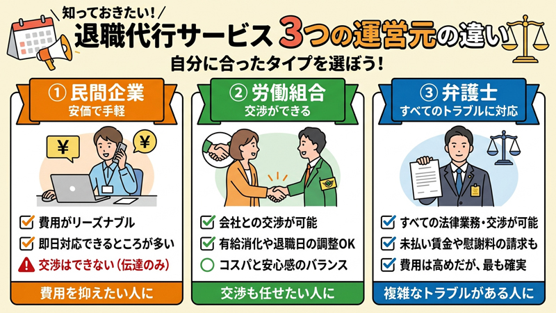 退職代行は3種類|入社直後はどれを選ぶ?